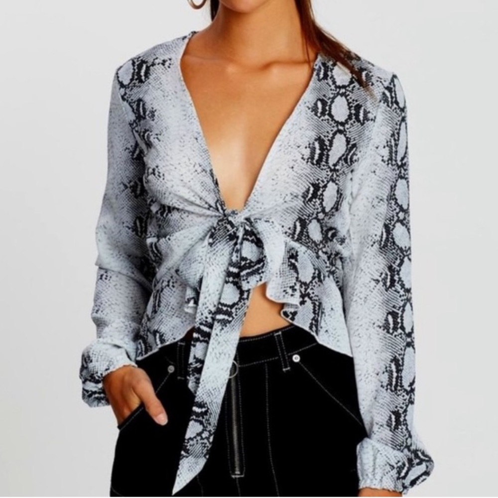 Missguided Snake Print Tie Front Ruffle Long-Sleeve Blouse